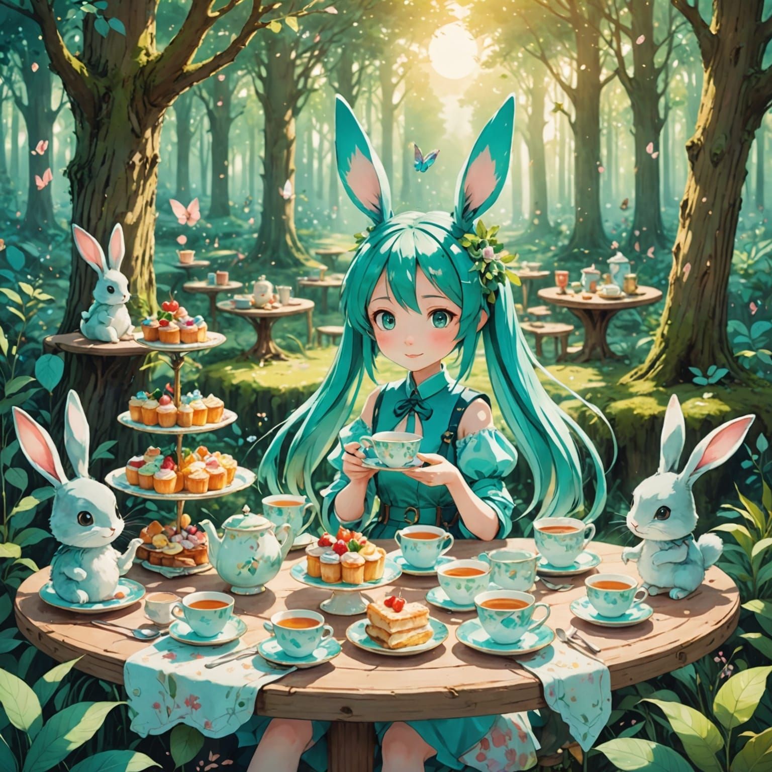 Hatsune Miku Hosts Rabbit Tea Party in Enchanted Forest