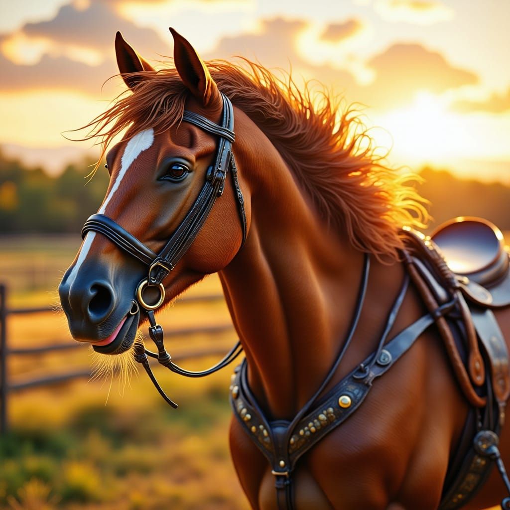 Hyperrealistic Horse Mid-Whinny in Golden Hour Light