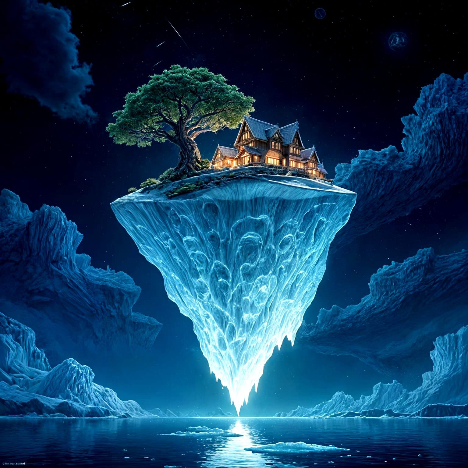 Bonsai Village on Iceberg in Starry Sky