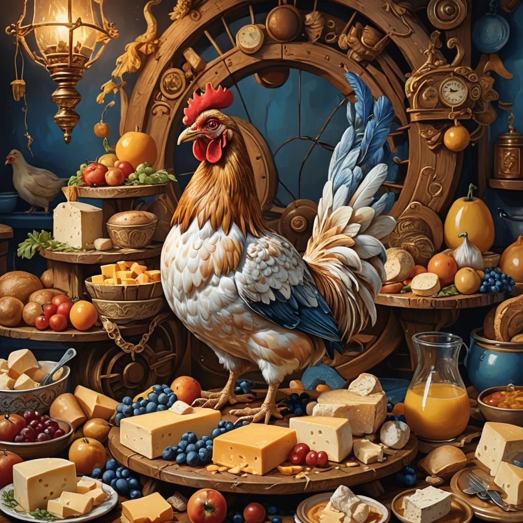 Whimsical Food Still Life: Hen on Cheese
