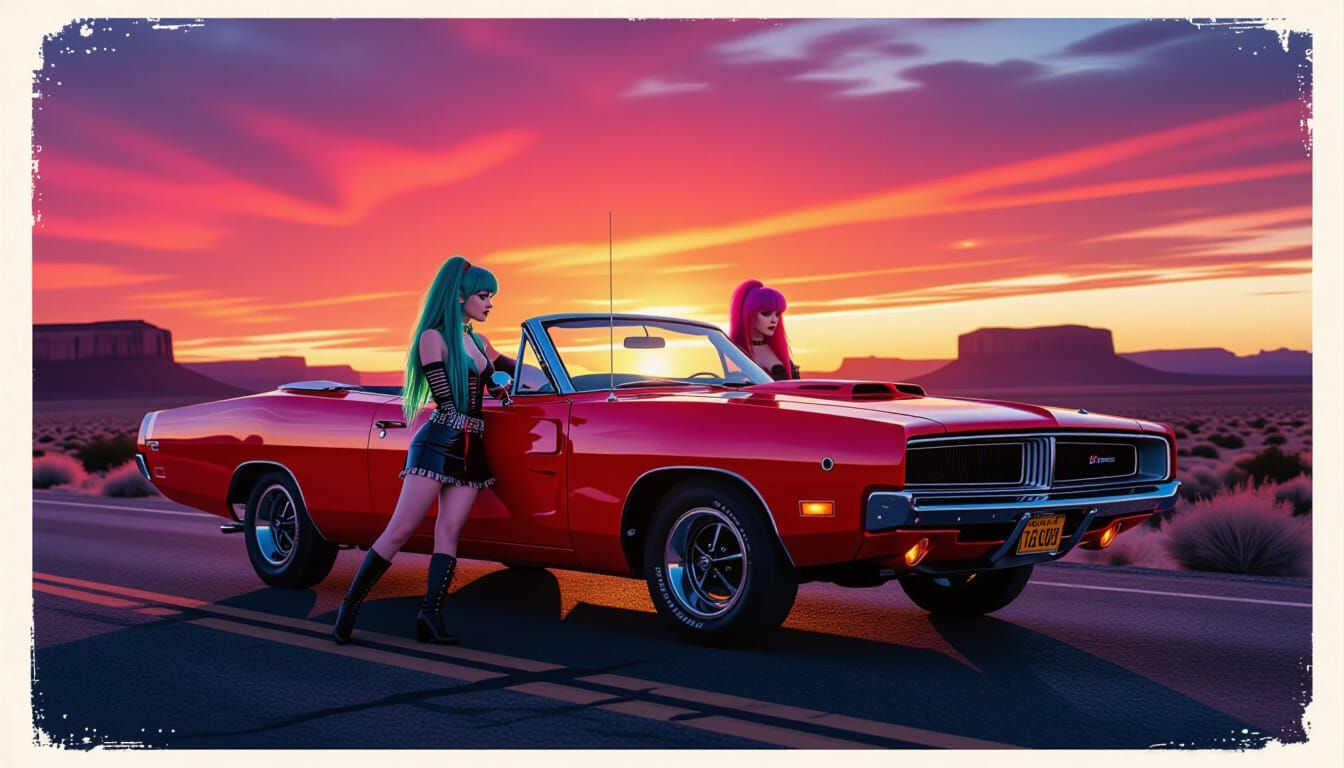 Gothic Punk Women Cruise Route 66 at Dusk