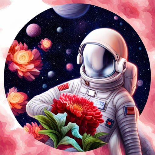 Astronaut Among Intergalactic Flowers: Digital Painting
