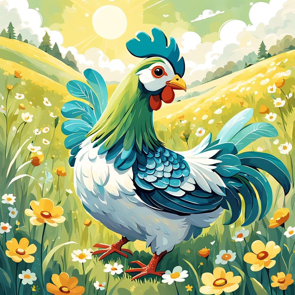 Whimsical Toy Chicken in a Sun-Kissed Meadow