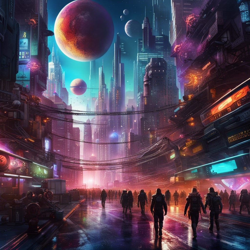 Cyberpunk Cityscape with Warriors in Neon Sci-Fi