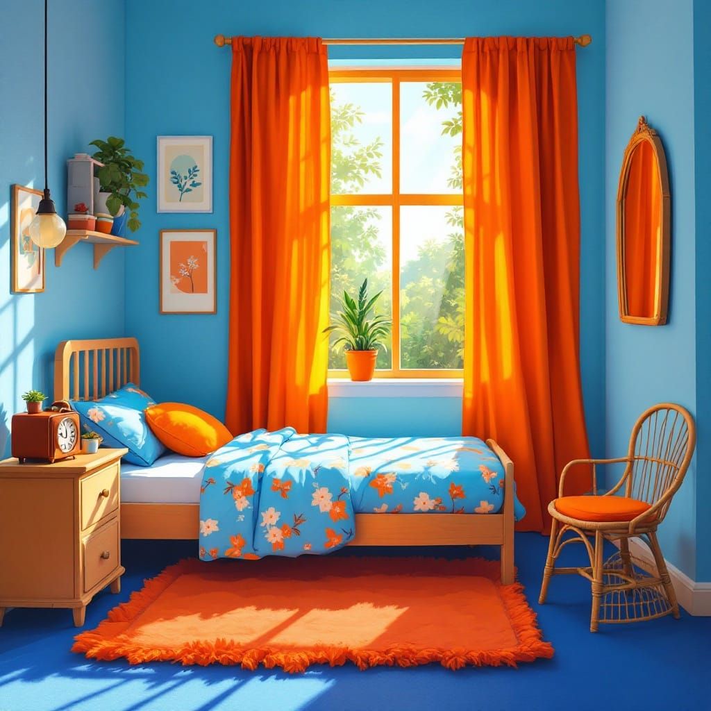 Cozy Retro Bedroom Oasis in Vibrant Blues and Oranges