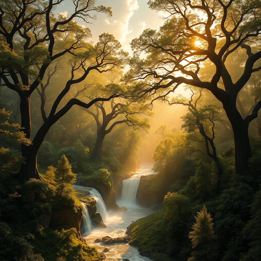 Surreal Landscape of Waterfalls and Majestic Trees in Warm G...