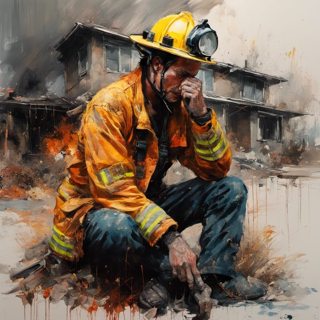 Fireman's Grief: House Fire in Textured Speedpaint Style