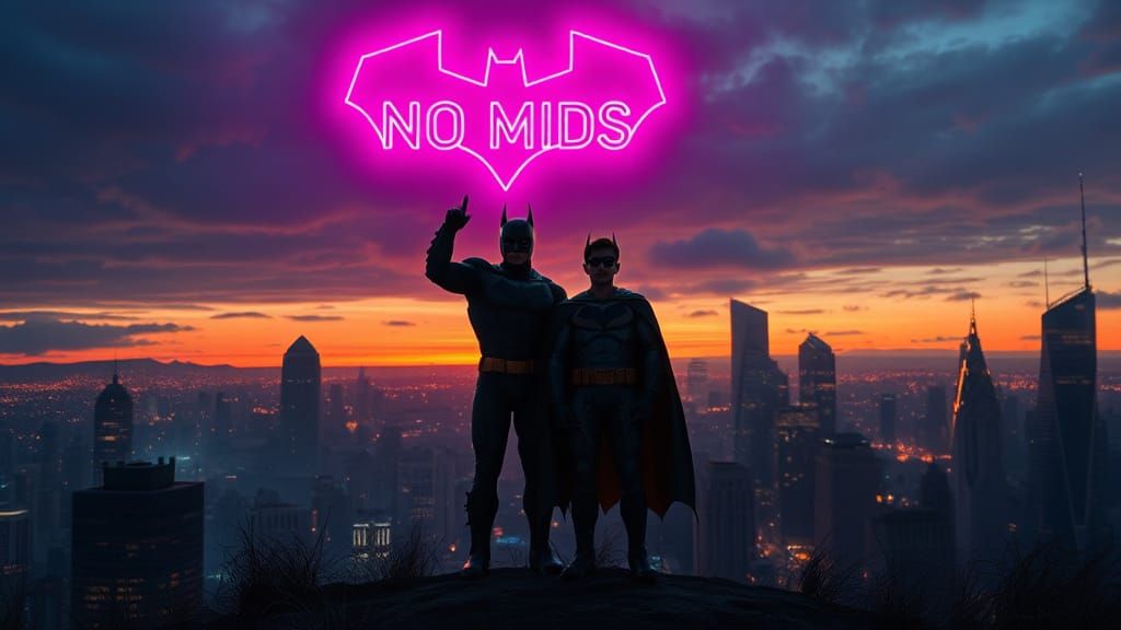Batman and Robin in Cyberpunk Gotham with Neon Signal