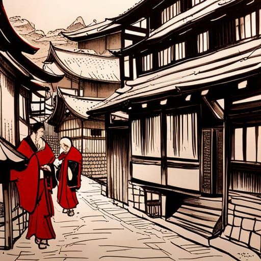 Medieval Japanese Village Scene in Black and Red
