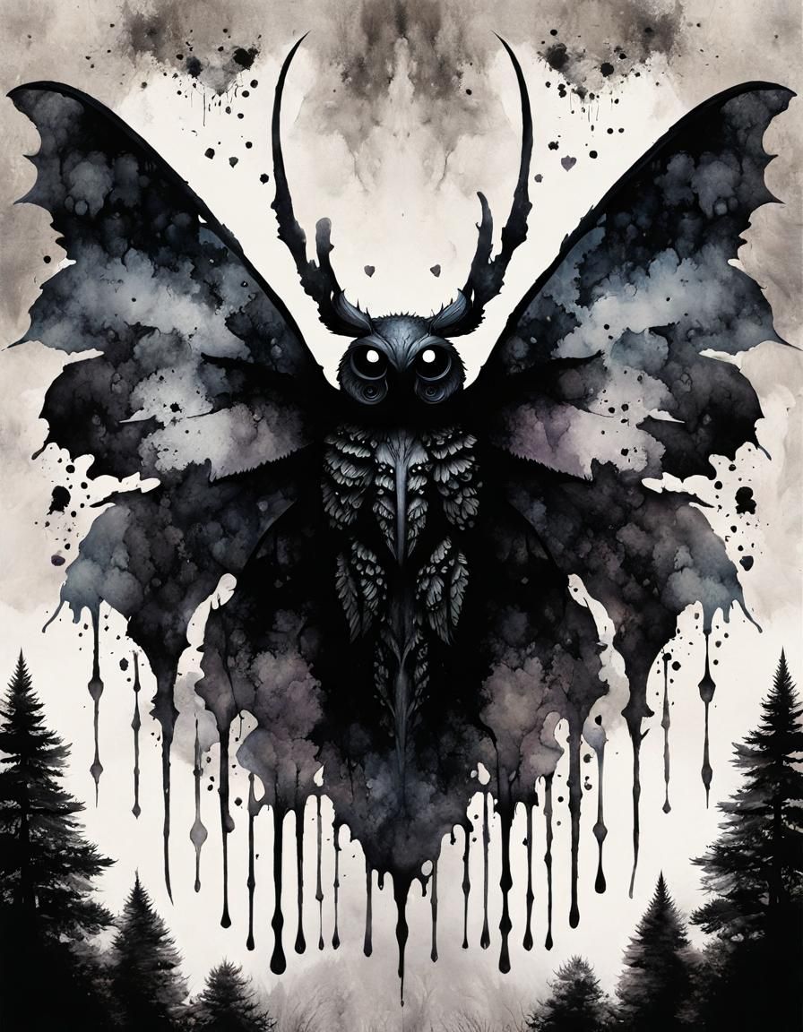 Mothman Portrait in Inkblot Double Exposure Style