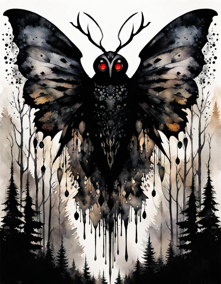 Mothman Portrait in Inkblot Double Exposure Style