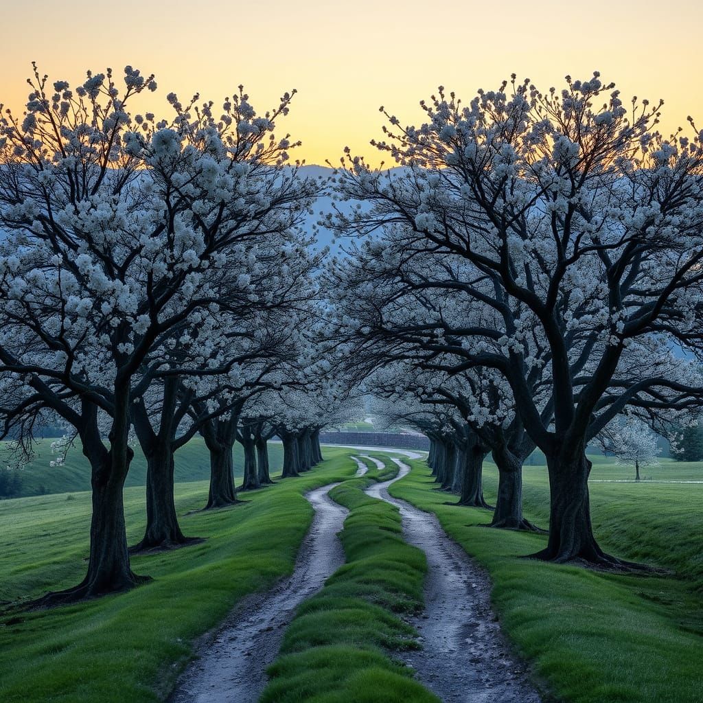 Surreal Cherry Blossom Avenue at Dusk