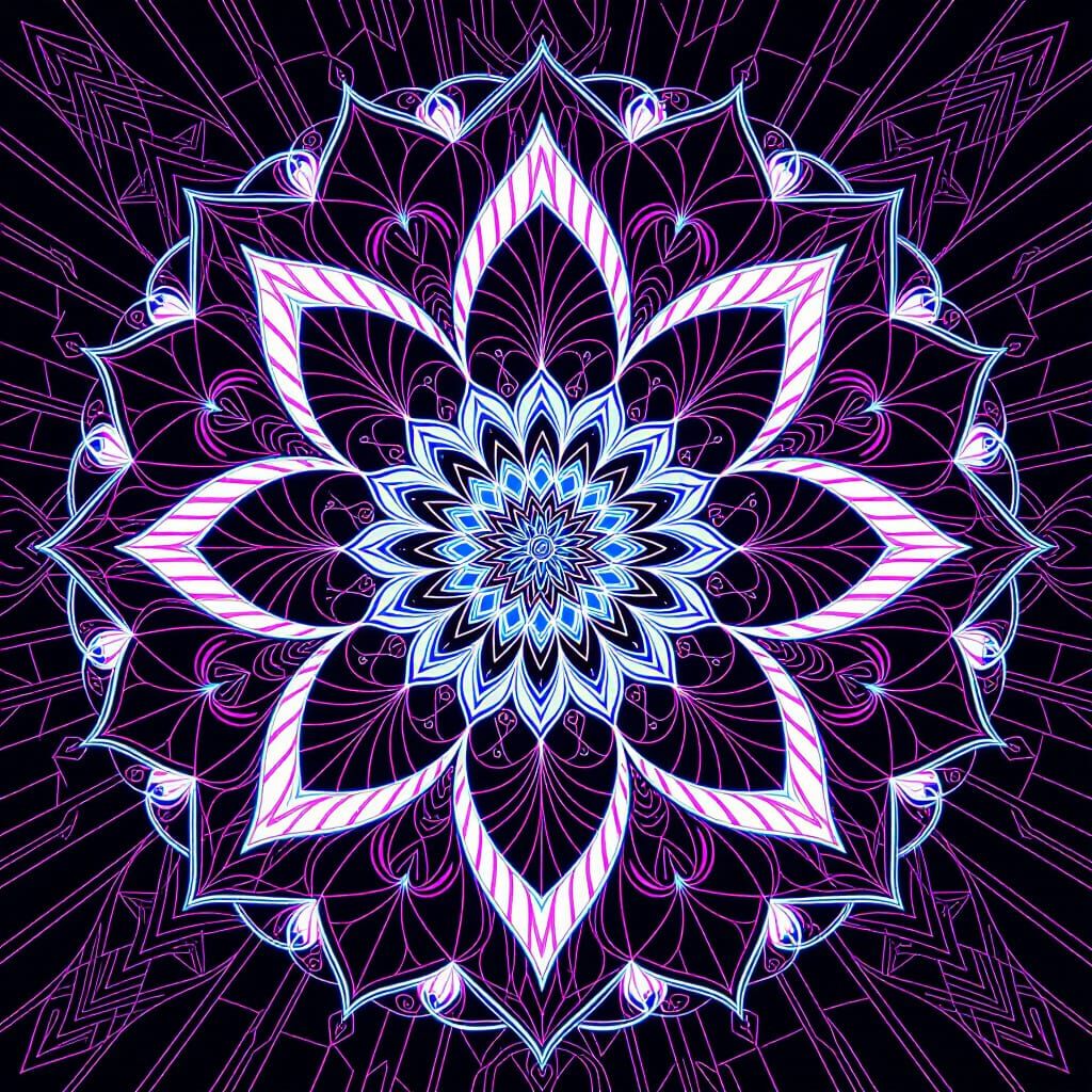 Psychedelic Neon Mandala in Retro Synthwave Style