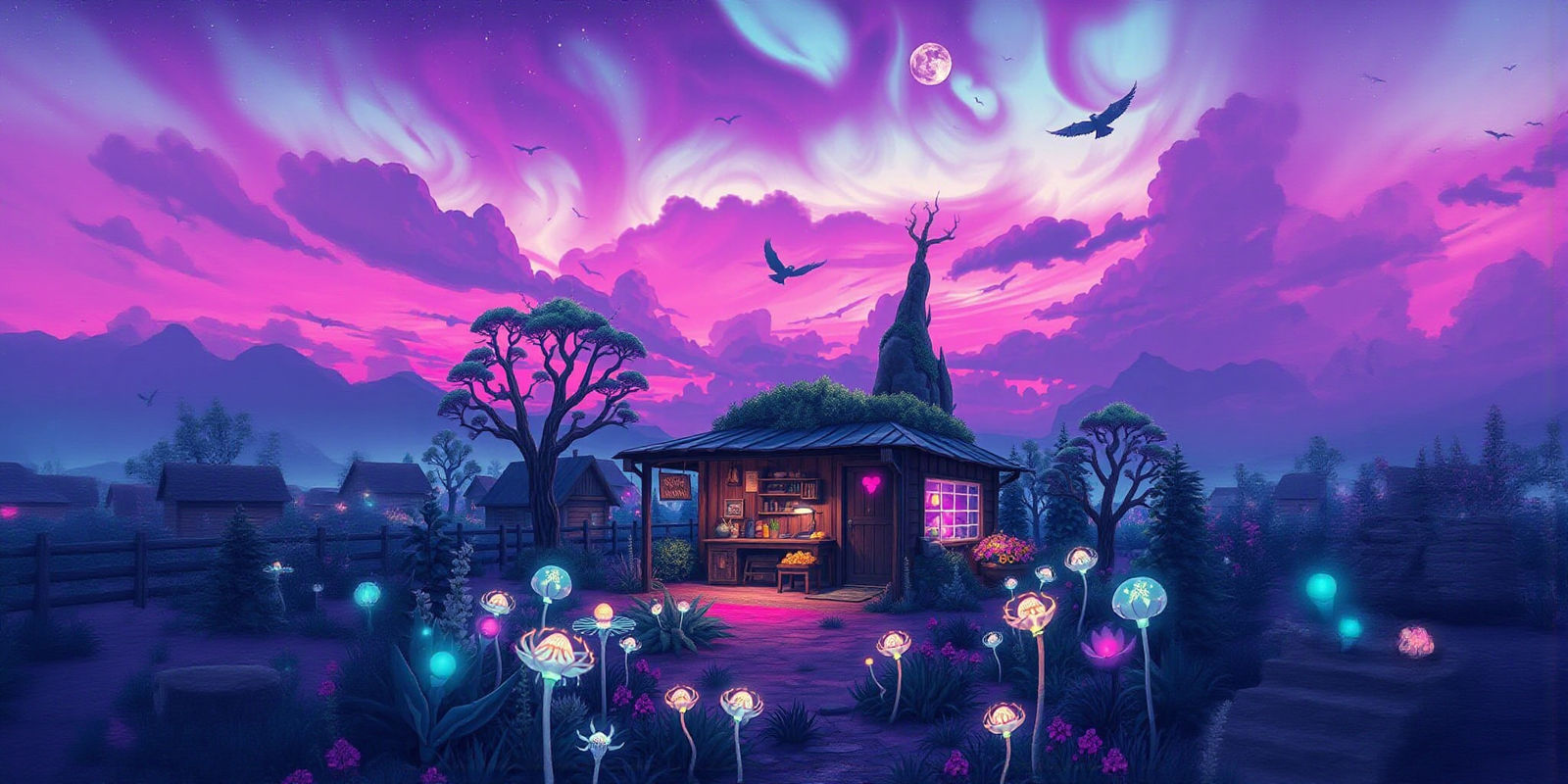 Bioluminescent Flora in Alien Farmstand, Violet Sky