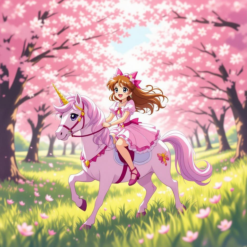 Sakura Kinomoto Rides Pink Unicorn Through Cherry Blossoms