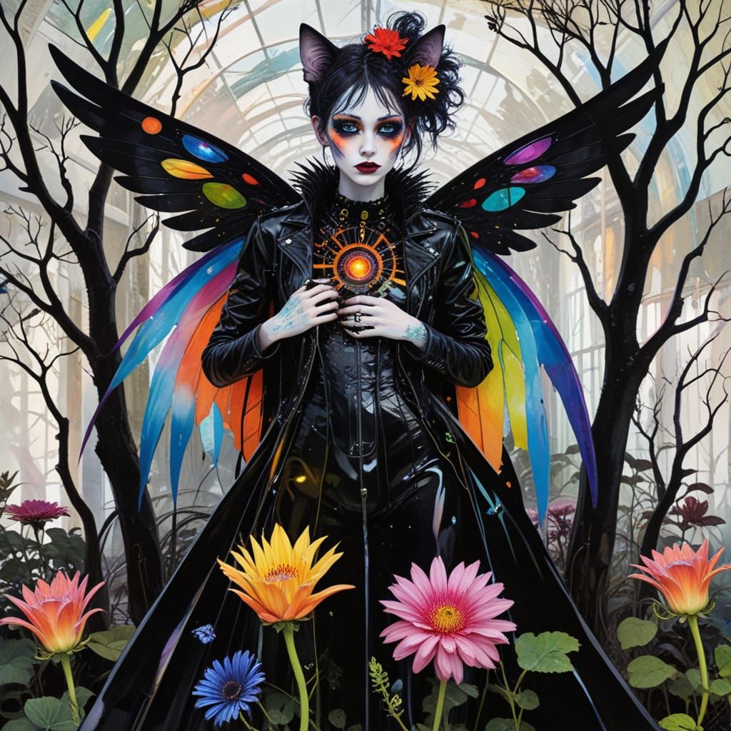 Picture a surreal digital art piece depicting a melancholic goth anthropomorphic  winged cat girl with rainbow accents i...