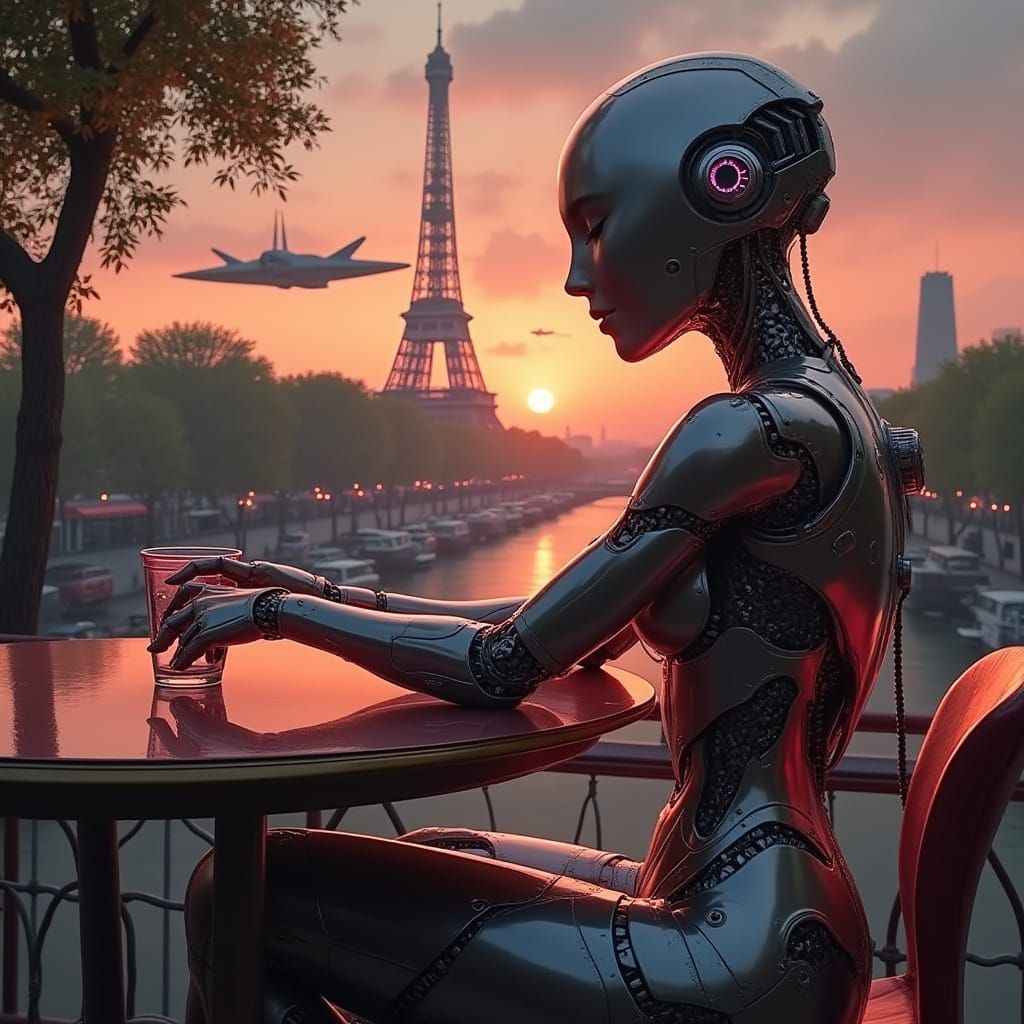 Cyborg Woman Relaxing in Futuristic Paris: Cyberpunk Art