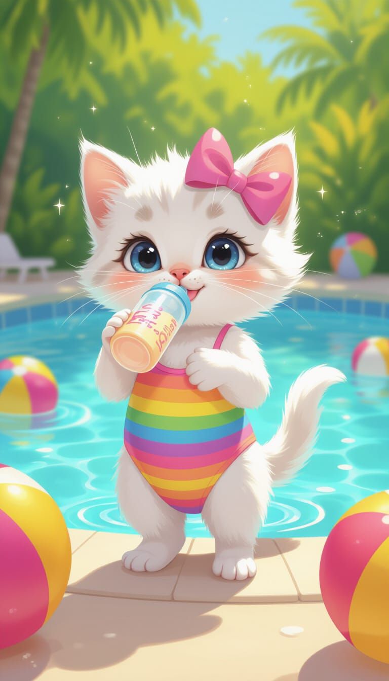 Kitten in Swimsuit Drinks From Bottle by Pool
