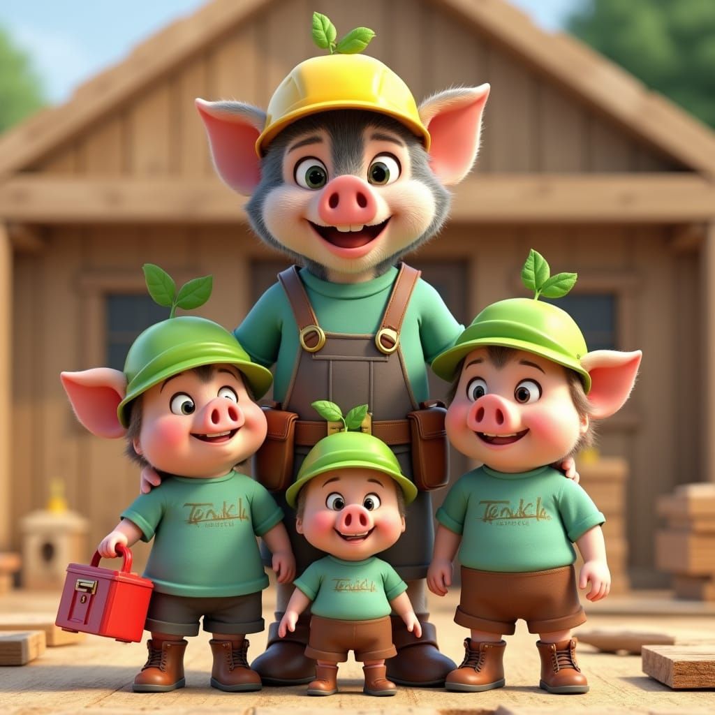 3 Little Pigs and Big Friendly Wolf Builder Friends in Brigh...