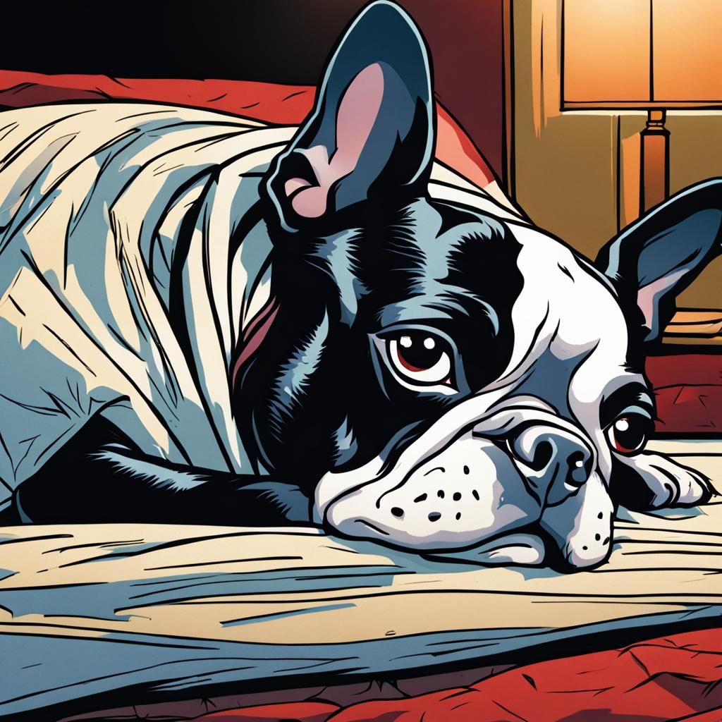 Sad Boston Terrier in Comic Book Art Style