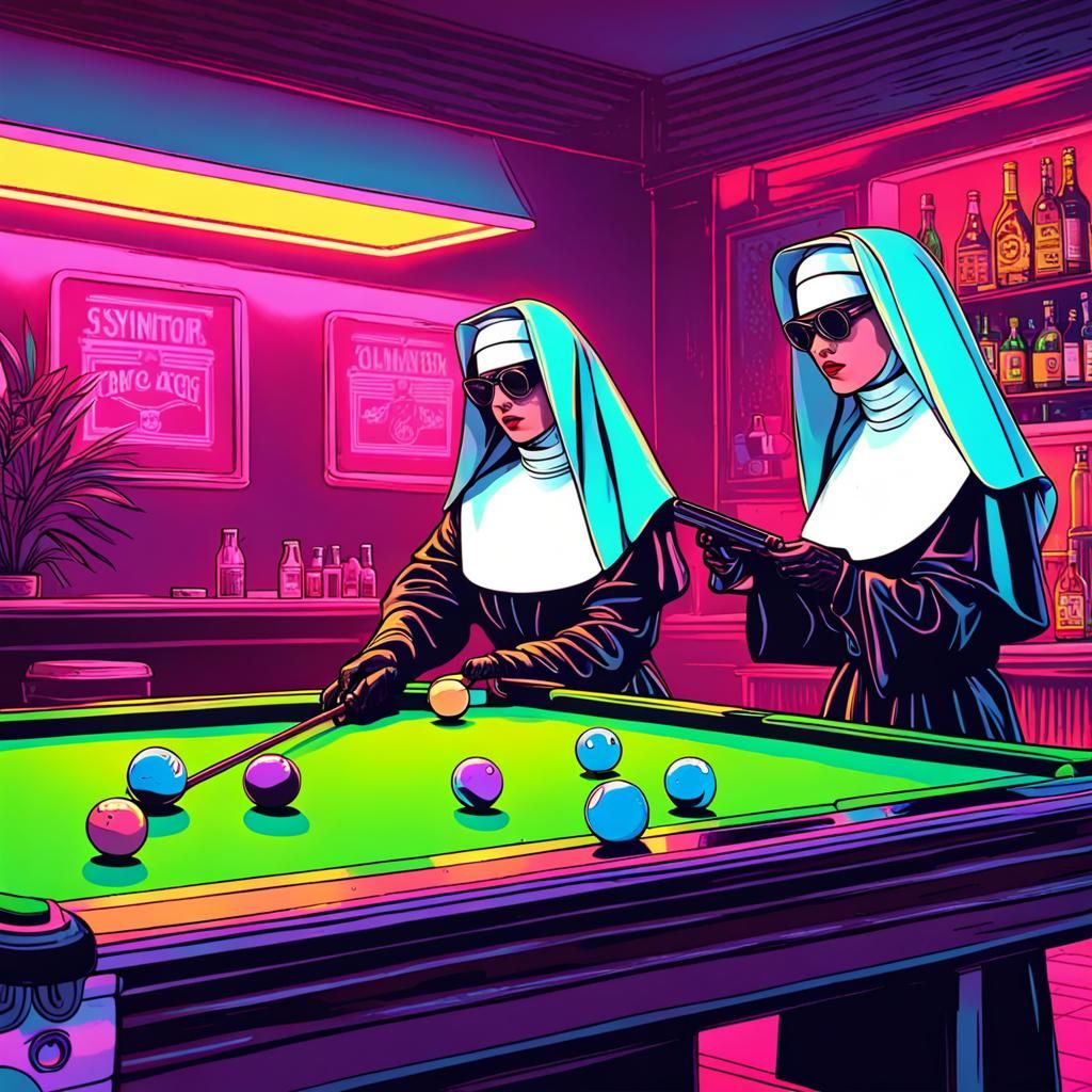 Nuns Playing Pool in Synthwave Neon Retro Style