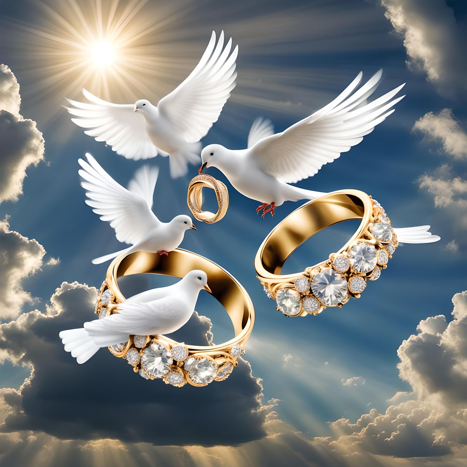 Doves Carrying Wedding Rings in Divine Sunshine
