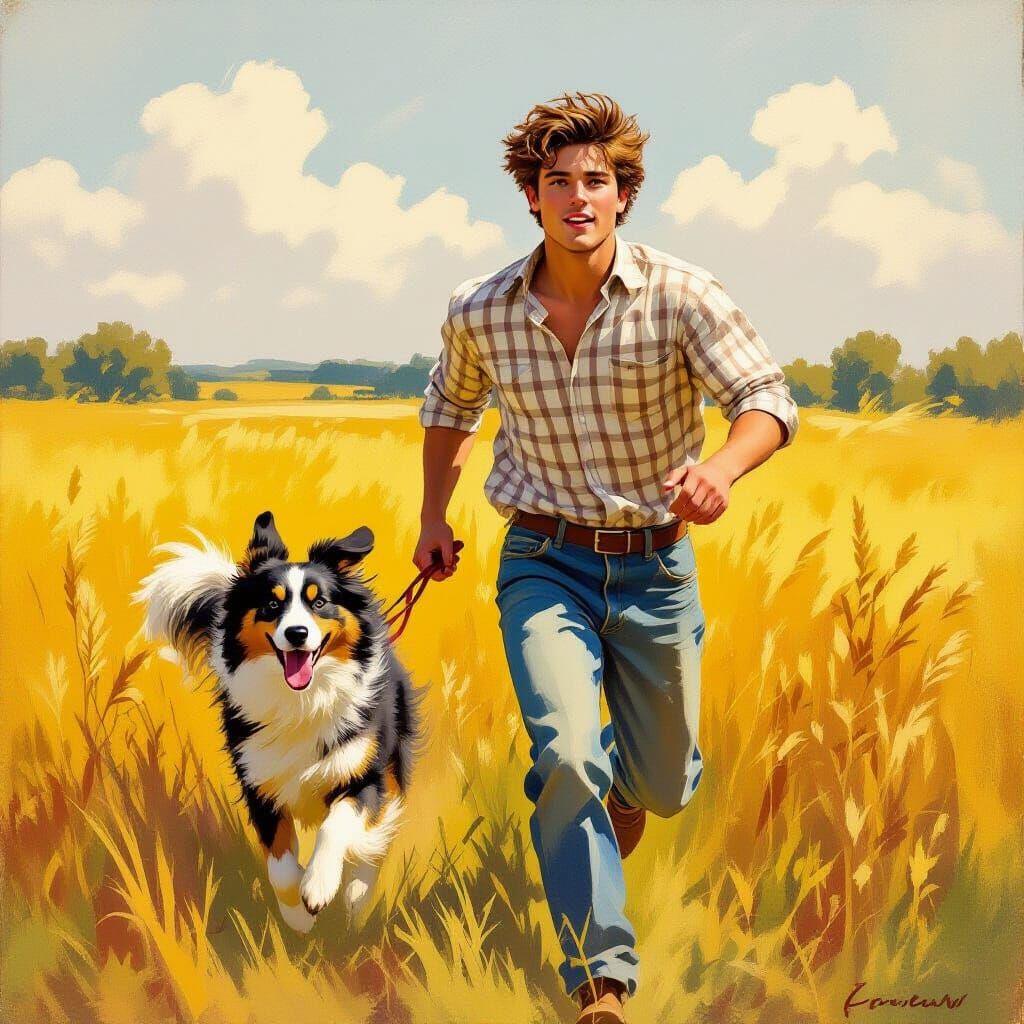 Man and Dog Running in Sunlit Field, Rustic Realism