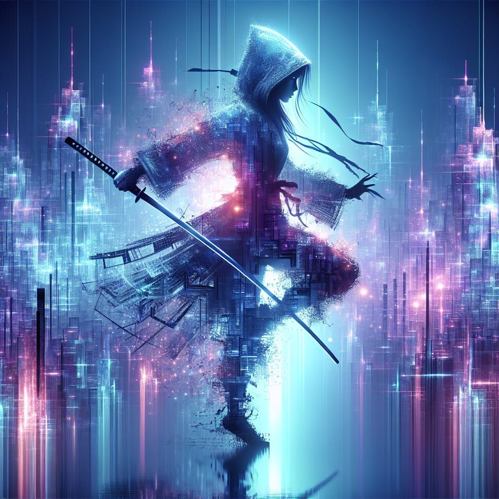 Neon City Assassin in Glitch Art Style