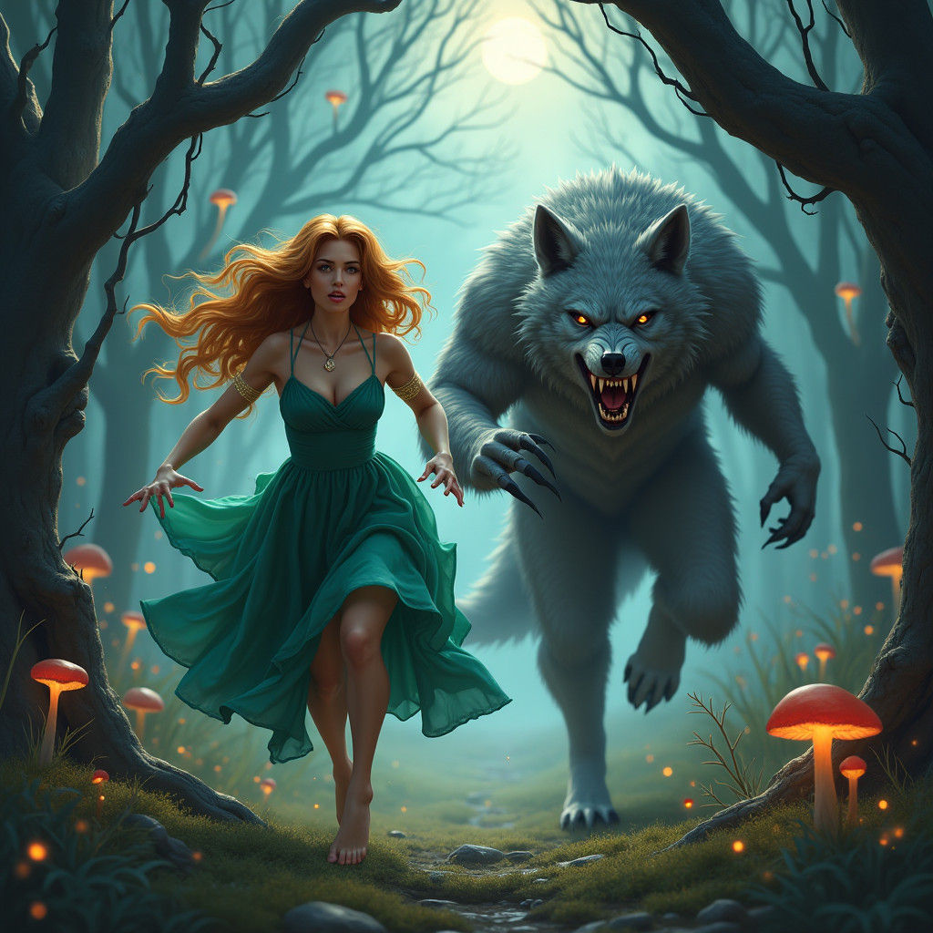 Woman Fleeing Wolf in Mystical Forest