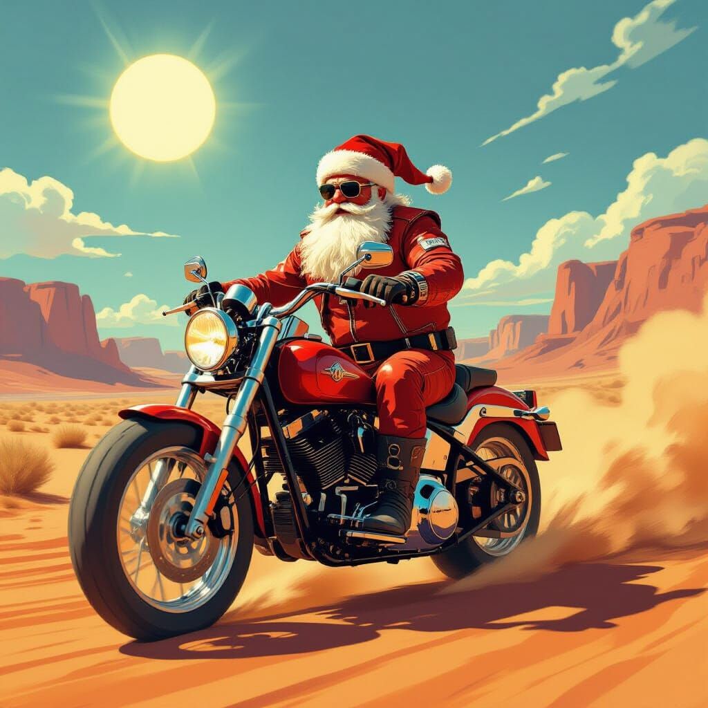 Rugged Biker Santa in Desert Landscape