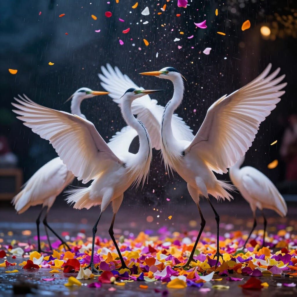Elegant Herons Dance Amidst Colorful Petal Shower