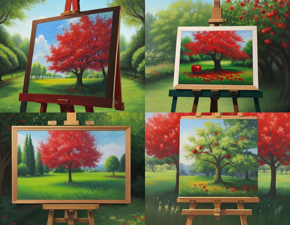 Red Apple Tree in Green Garden Painting