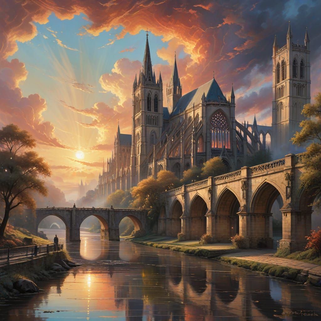 Gothic Cathedral at Sunset in Dreamlike World
