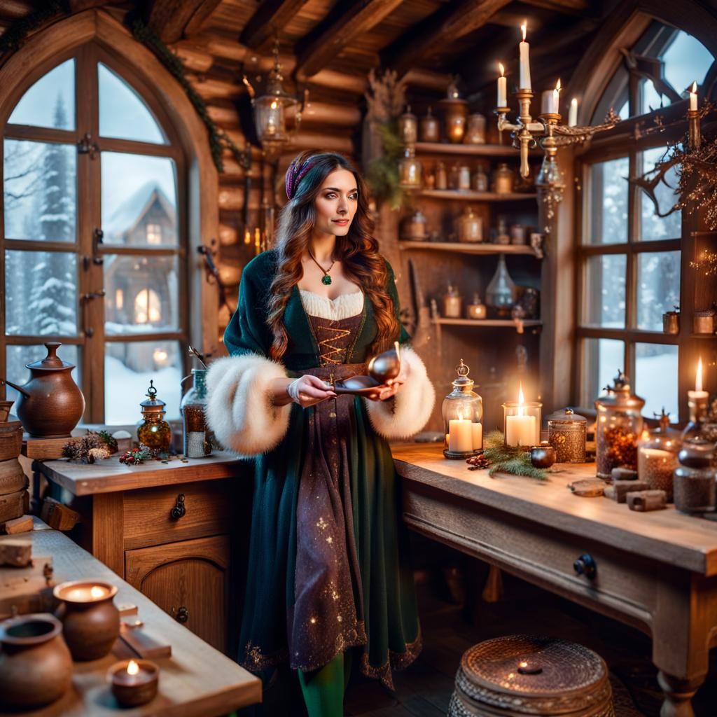 Sorceress Brewing Magic Potion in Fairytale House