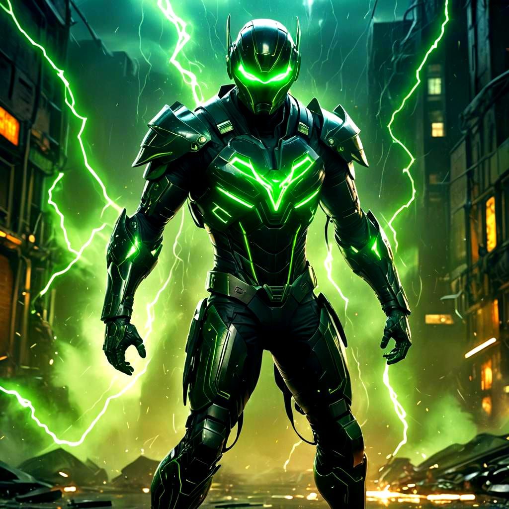 Cybernetic Superhero Swordsman with Green Lightning