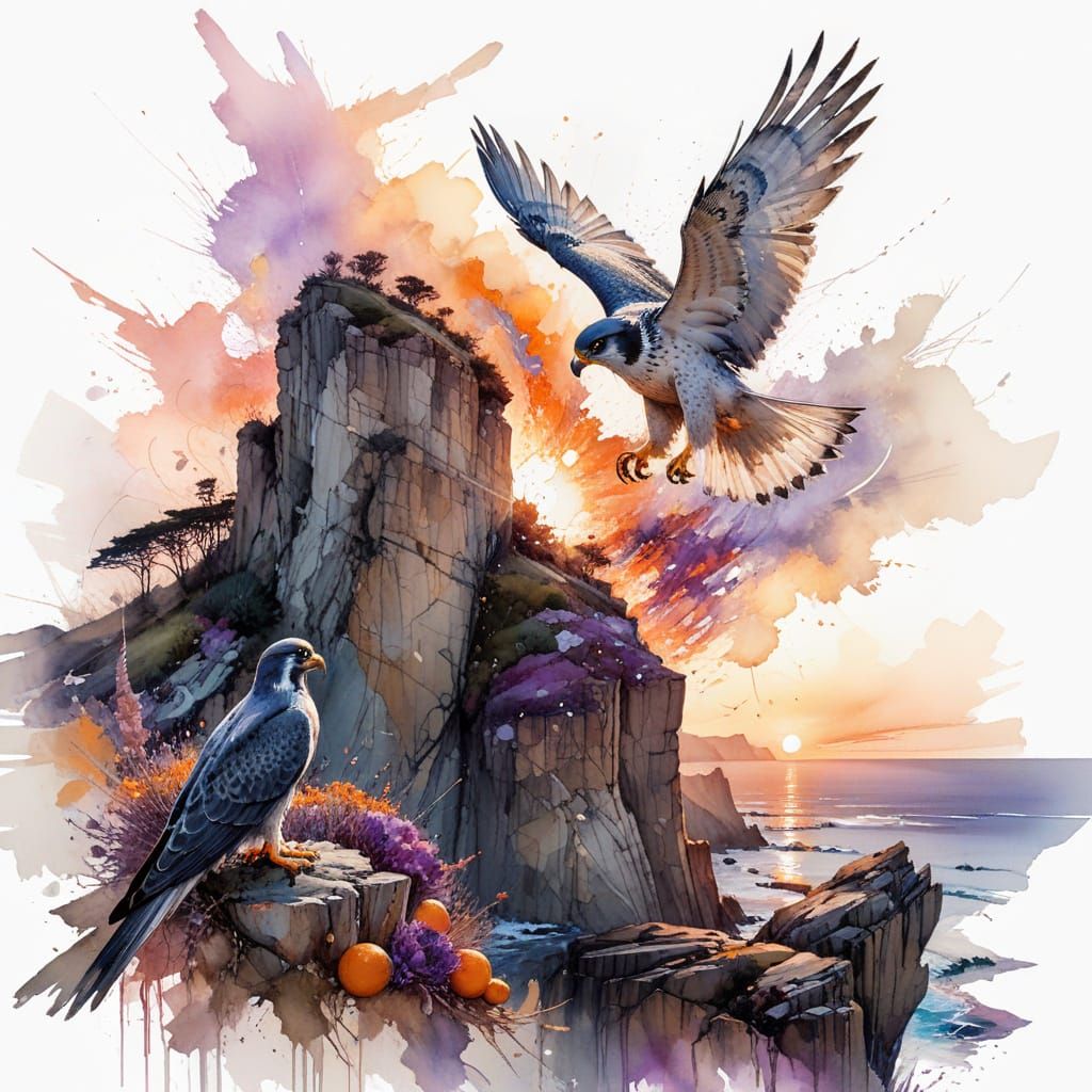 Ethereal Coastal Sunset with Peregrine Falcon