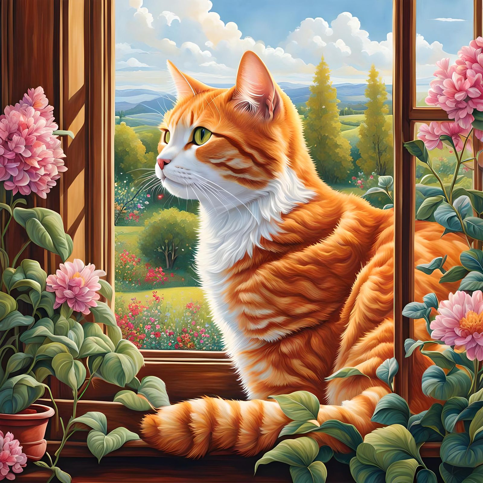 Ginger Cat Watching Bird in Sunny Garden