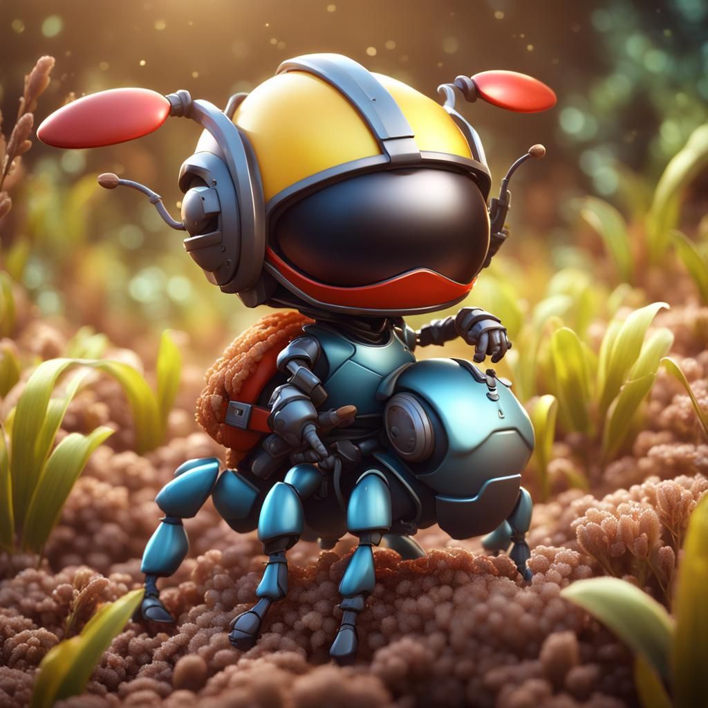 Chibi Ant with Helmet and Rice, 3D Cartoon