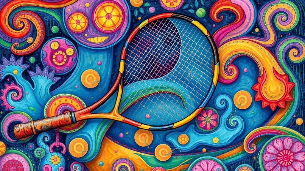 Colorful Tennis Racket in a Dreamlike Gouache Painting