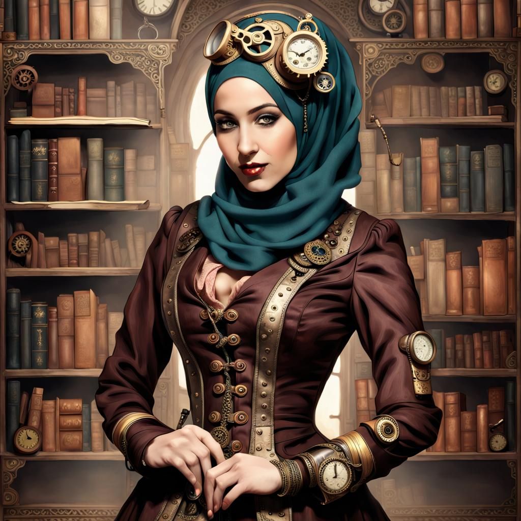Steampunk Hijabi Woman in Library Setting