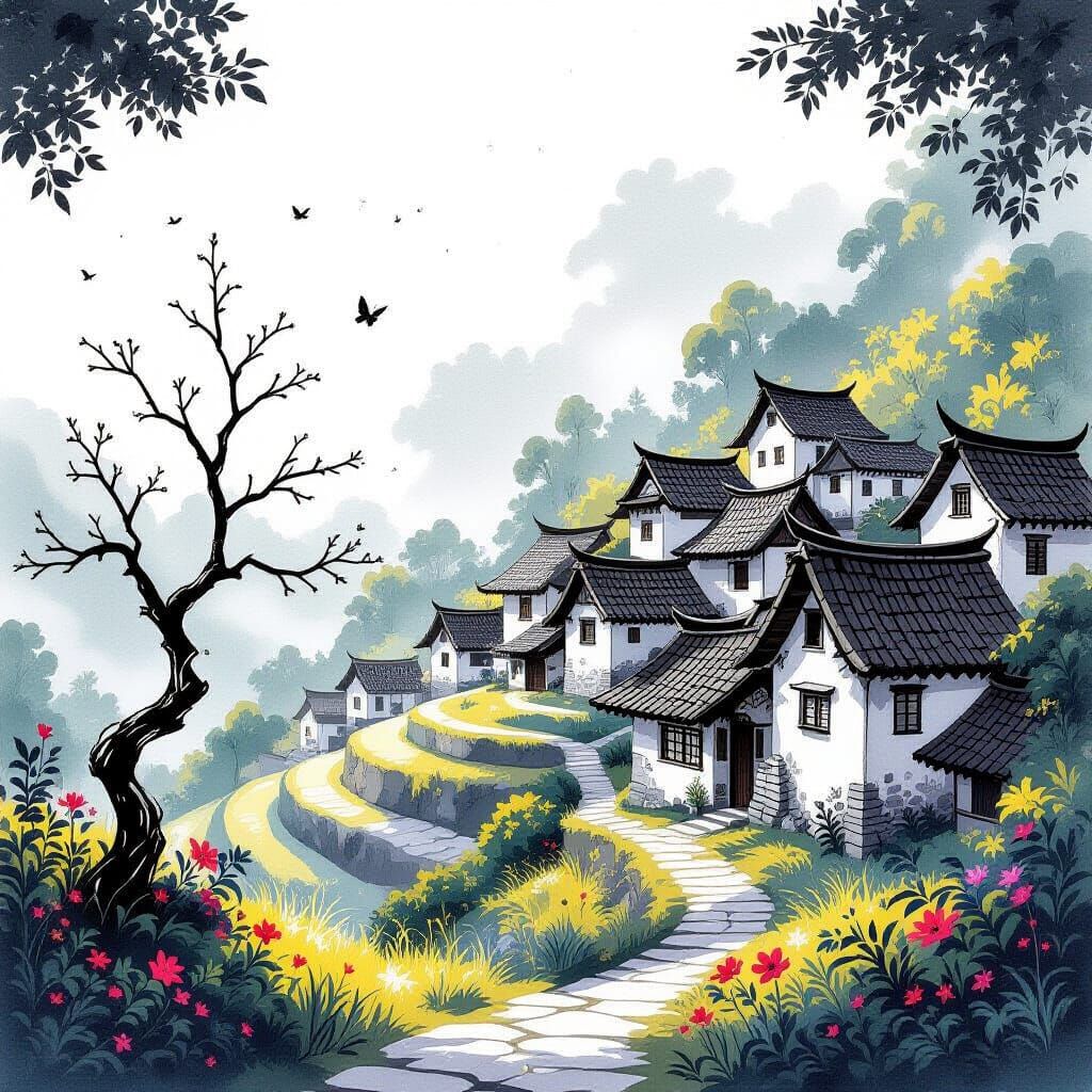 Tranquil Village Pen and Ink Drawing with Whimsical Enchantm...