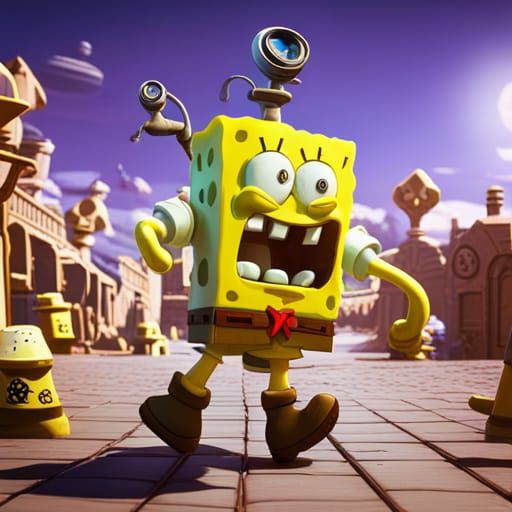 SpongeBob Playing Video Games: Detailed Digital Art