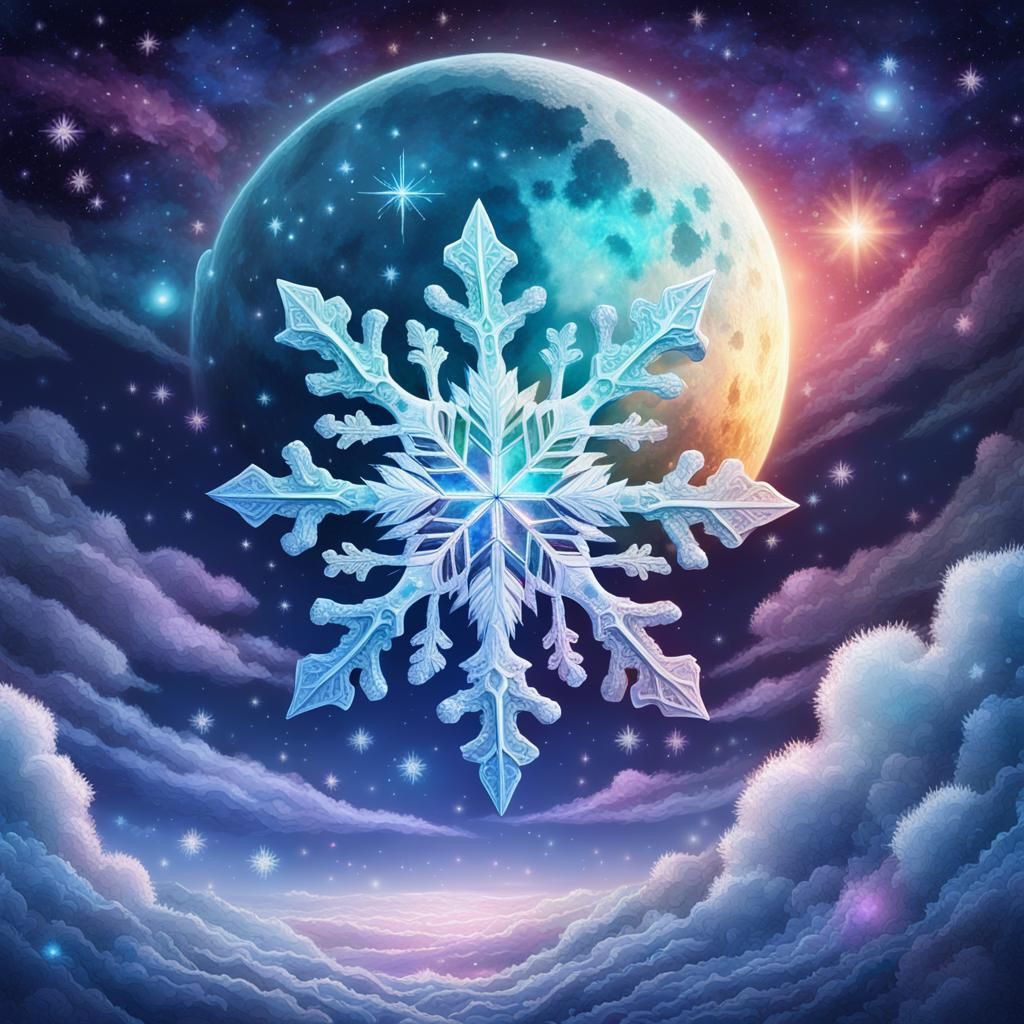 Shining Snowflake Falls from Moonlit Cloud