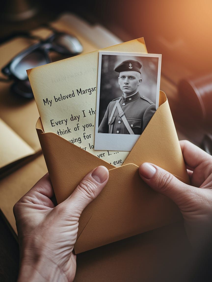 Aged Hand Holds WWI Letter with Soldier Photo
