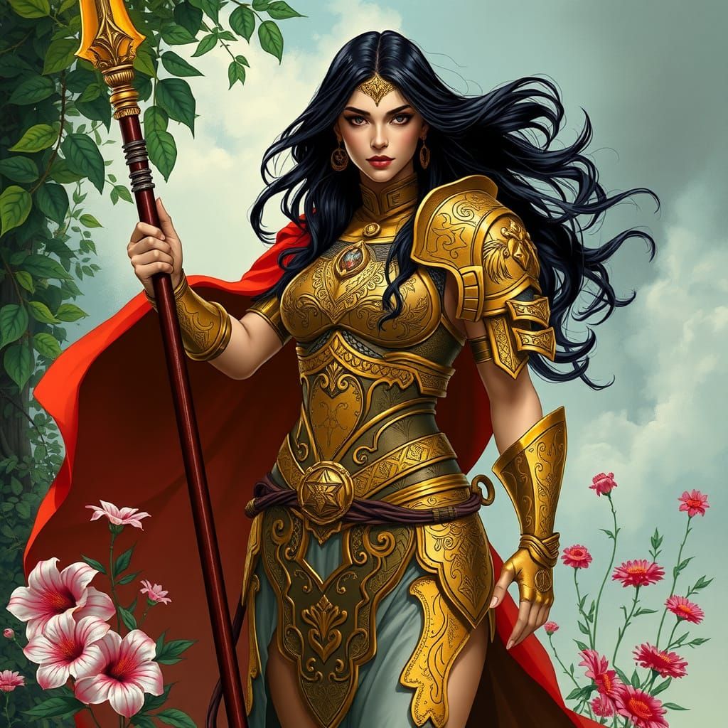 Romantic Warrior Goddess with Golden Armor and Crimson Cape