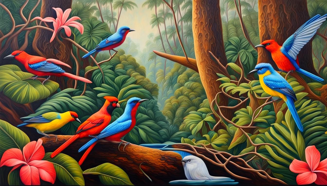 Hawaiian Birds in Old Growth Forest: Oil Painting