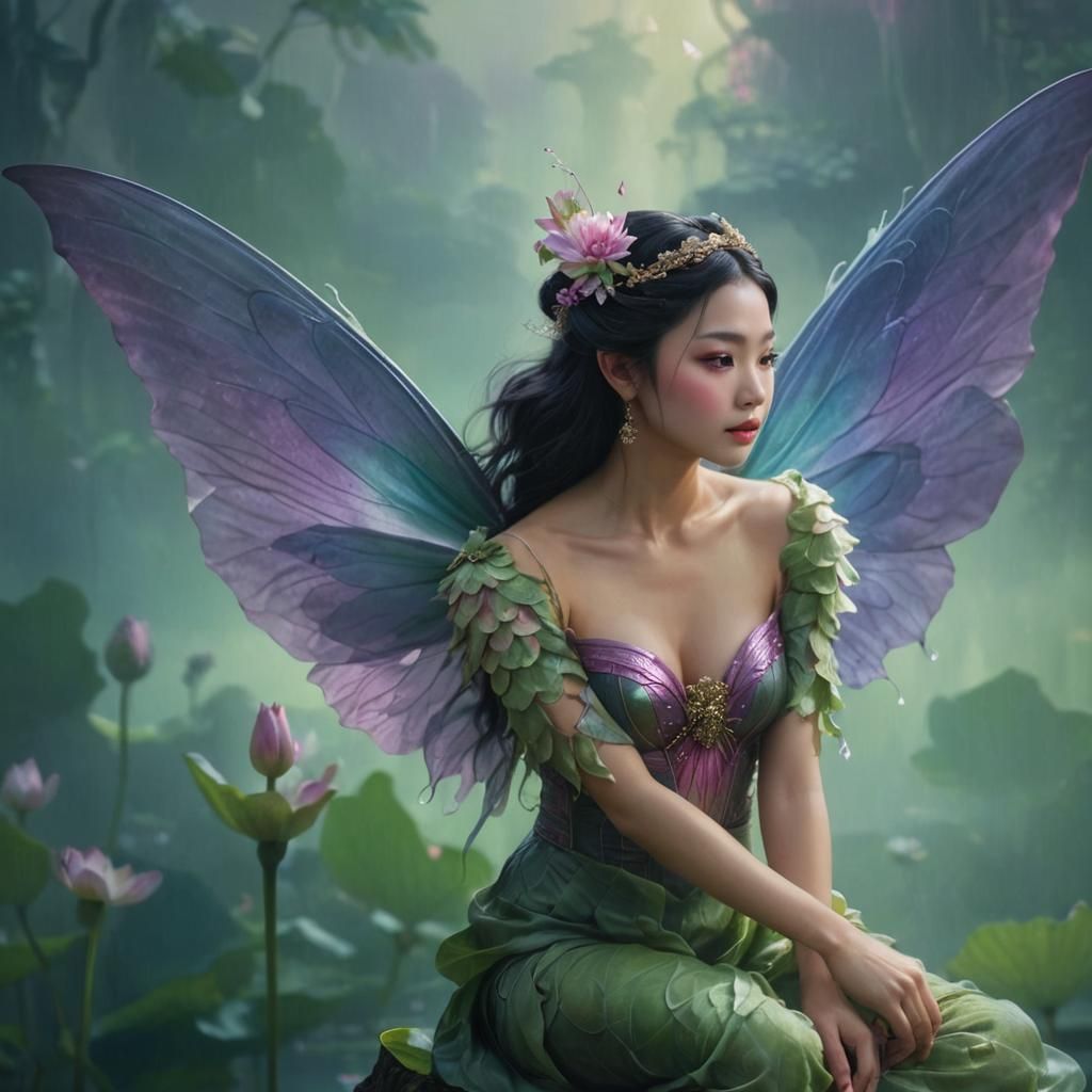 Winged Fairy Portrait on Lotus Flower in Digital Painting