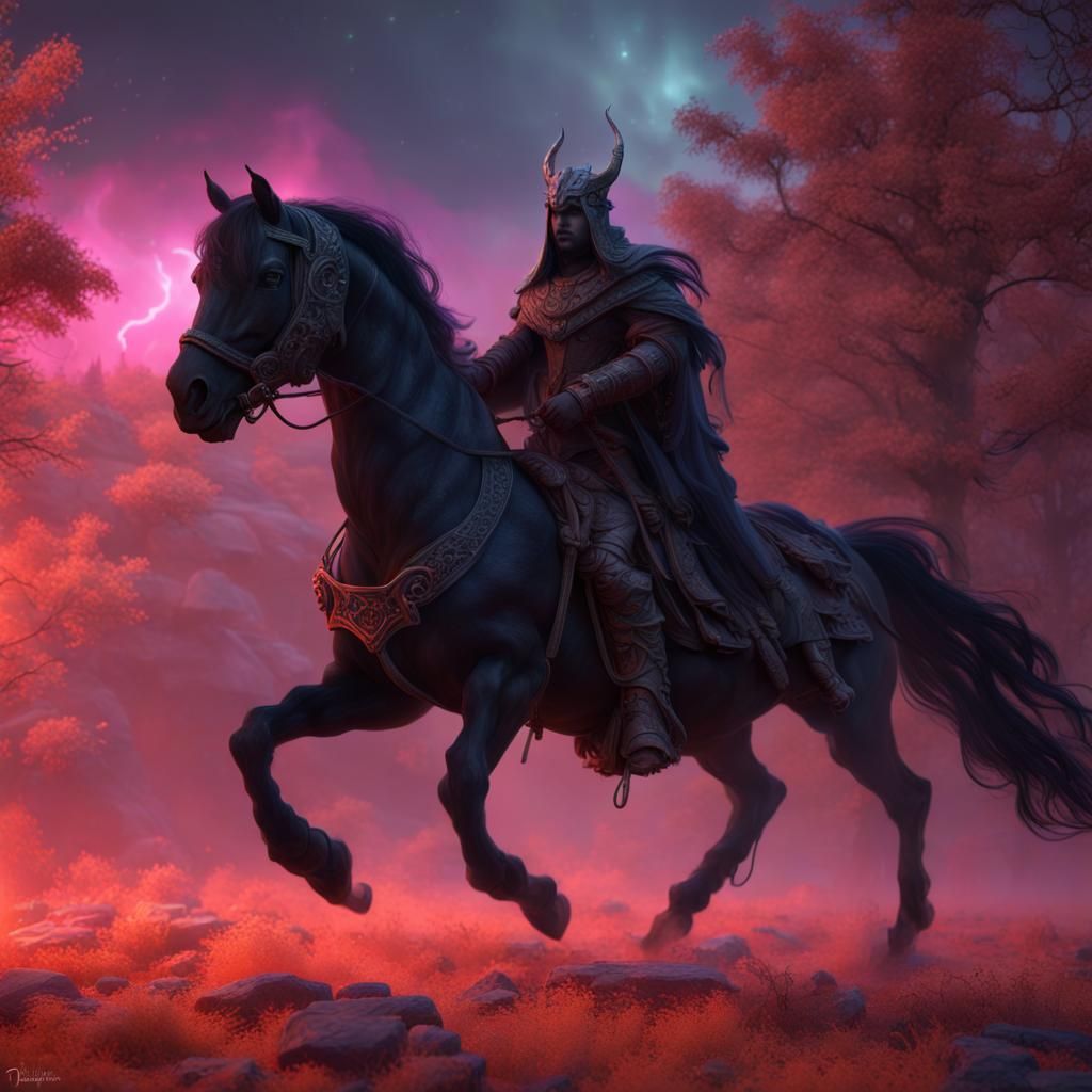 Satan on Black Horse in Cyberpunk Style