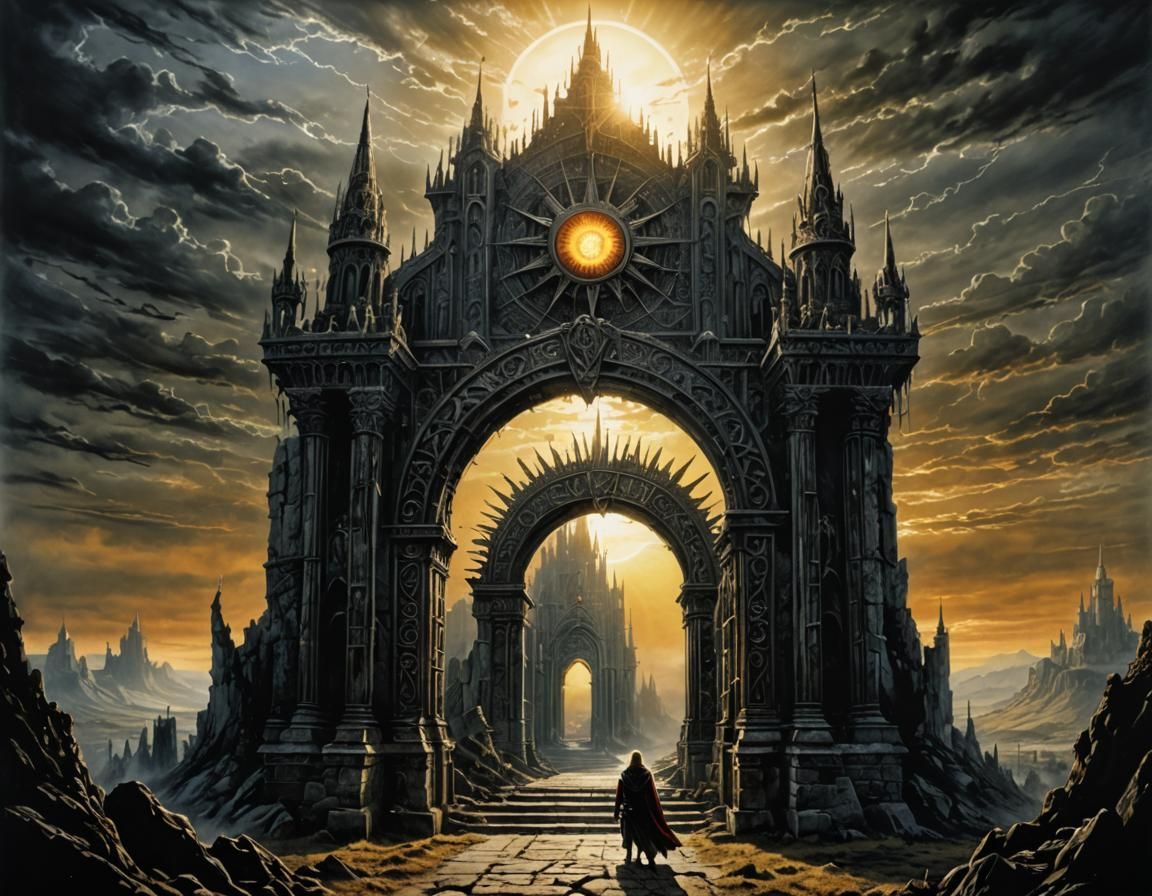 Eerie Medieval Entrance with Elf in Oil Painting Style