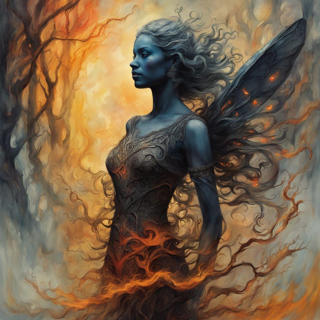 Ashen Fairy in Charred Forest: Surreal Oil Painting